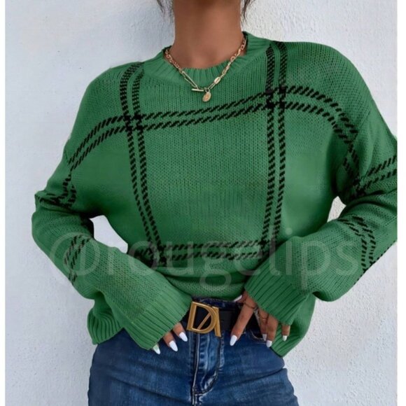 Women's Grid Plaid Pattern Green Knit Crew Neck Pullover Sweater - Picture 1 of 7